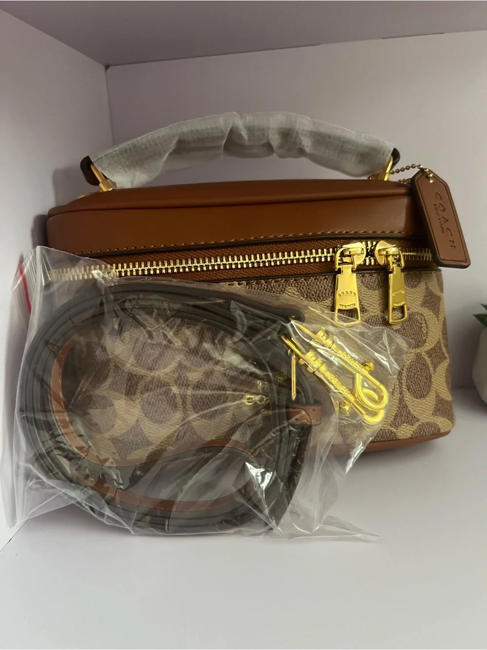 Coach Brown Signature Canvas Top-Handle Vanity Bag with Gold Hardware